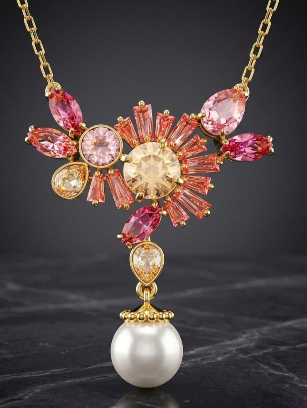 Swarovski Gema Crystal Pearl Flower Pendant Necklace | Pink | Gold Tone Plated